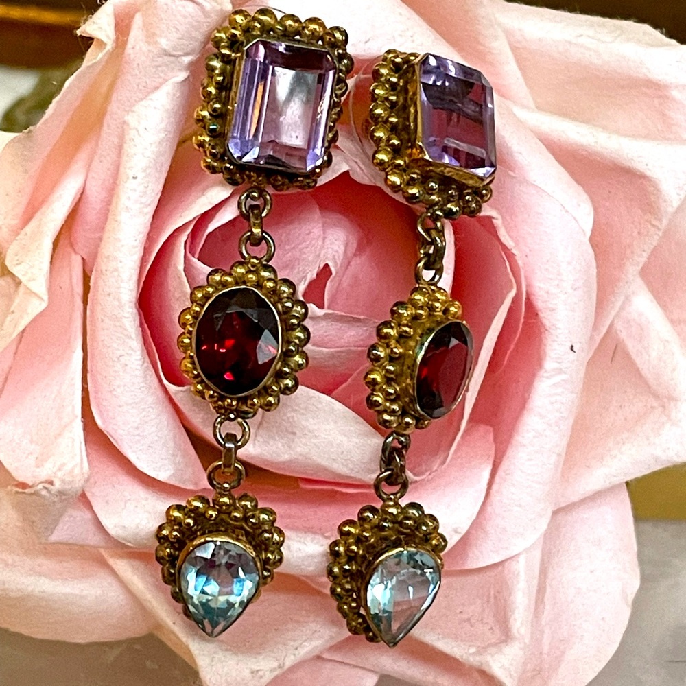 Vintage amethyst, garnet and blue topaz earrings set in gold plated SS.